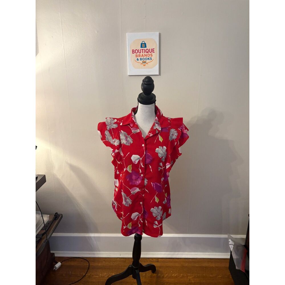 Banana Republic Dillon Red Floral Flutter Sleeve Button-Down Blouse Size Small